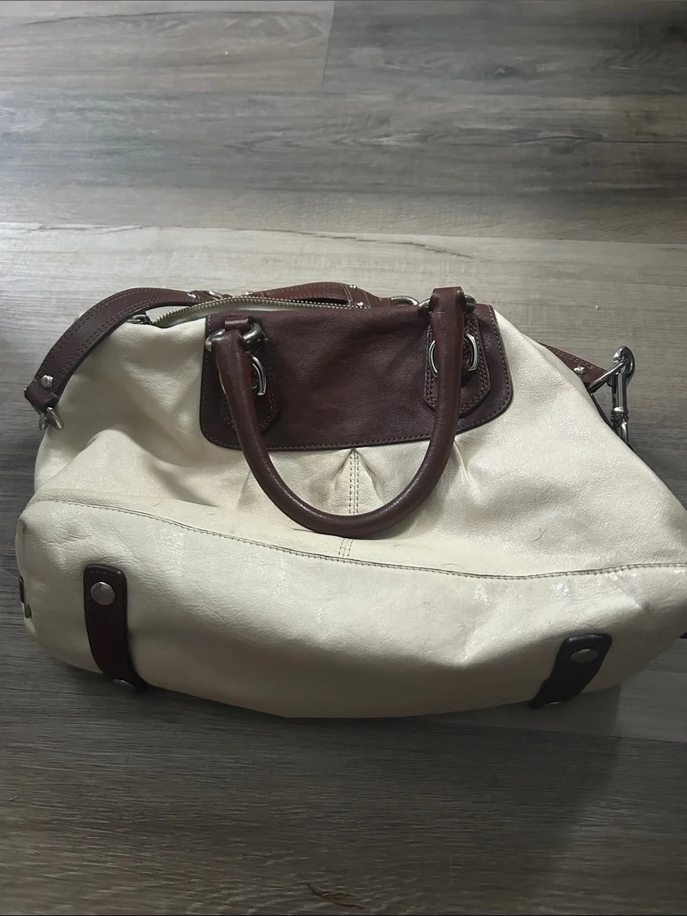Coach Two-Tone Cream and Brown Leather Satchel with Front Pocket